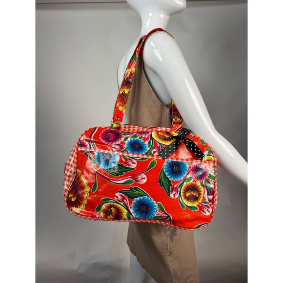 Retro-Inspired Red Floral & Gingham Print Oil Cloth Tote Bag W/ Polka Dot Bow Sp - Picture 1 of 16
